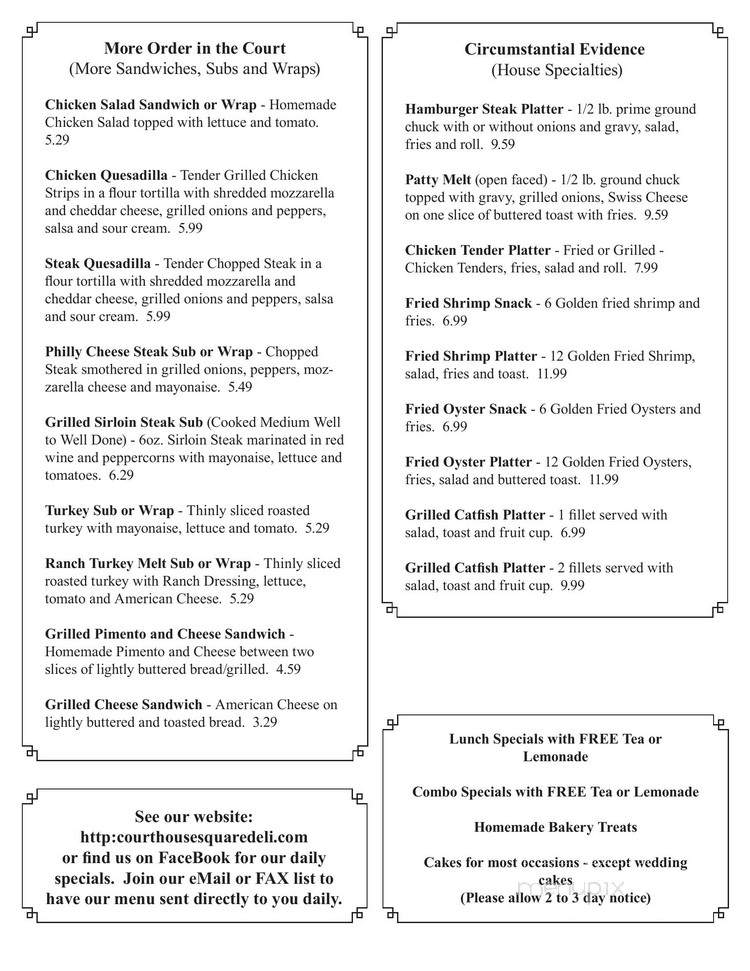 Menu of Courthouse Square Deli & Bakery in Grove Hill, AL 36451