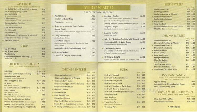 Menu of Yin's Wok in Naperville, IL 60564