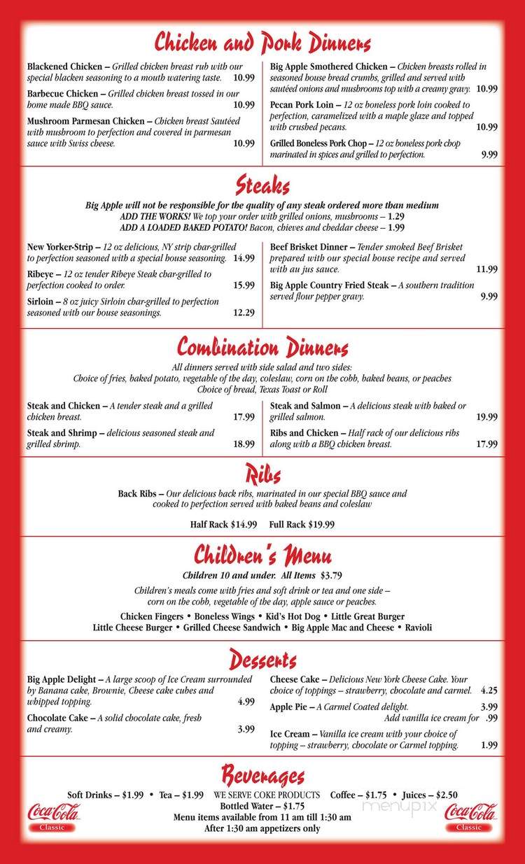 Menu of Big Apple Restaurant-Sportsbar in Fayetteville, NC 28303