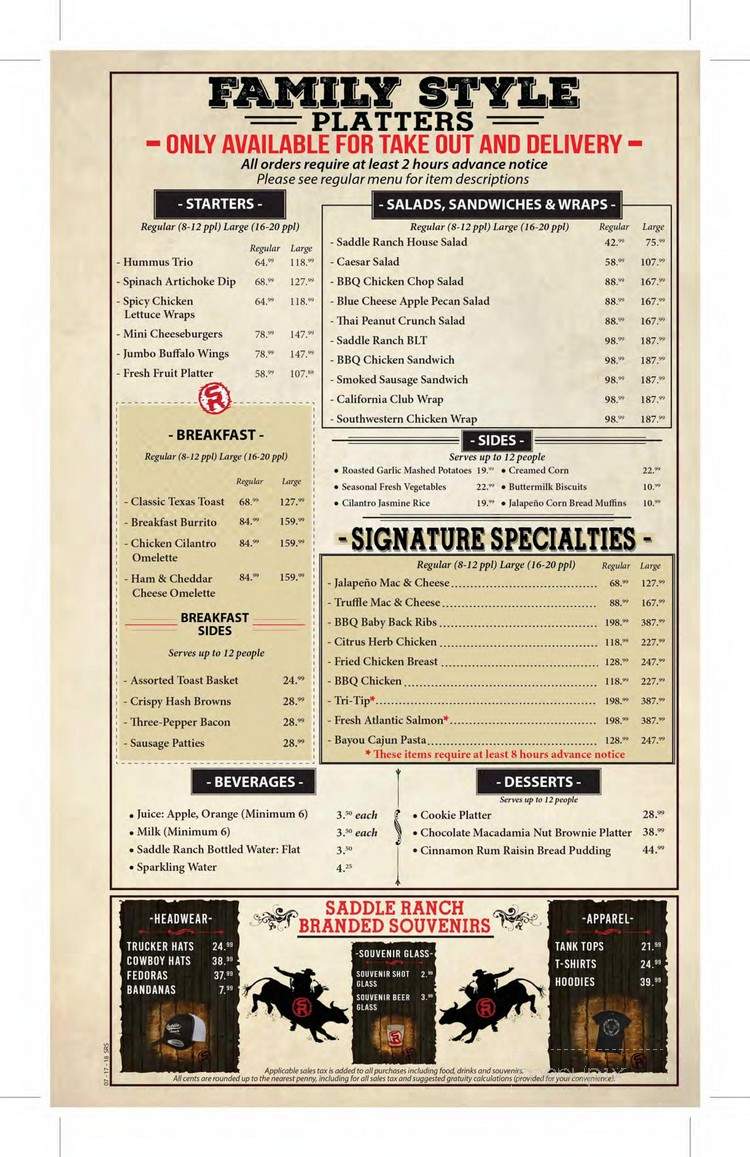 Menu of Saddle Ranch Chop House in West Hollywood, CA 90069