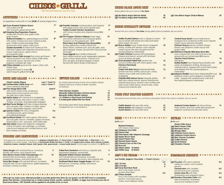 Online Menu of Chisos Grill, Bee Cave, TX