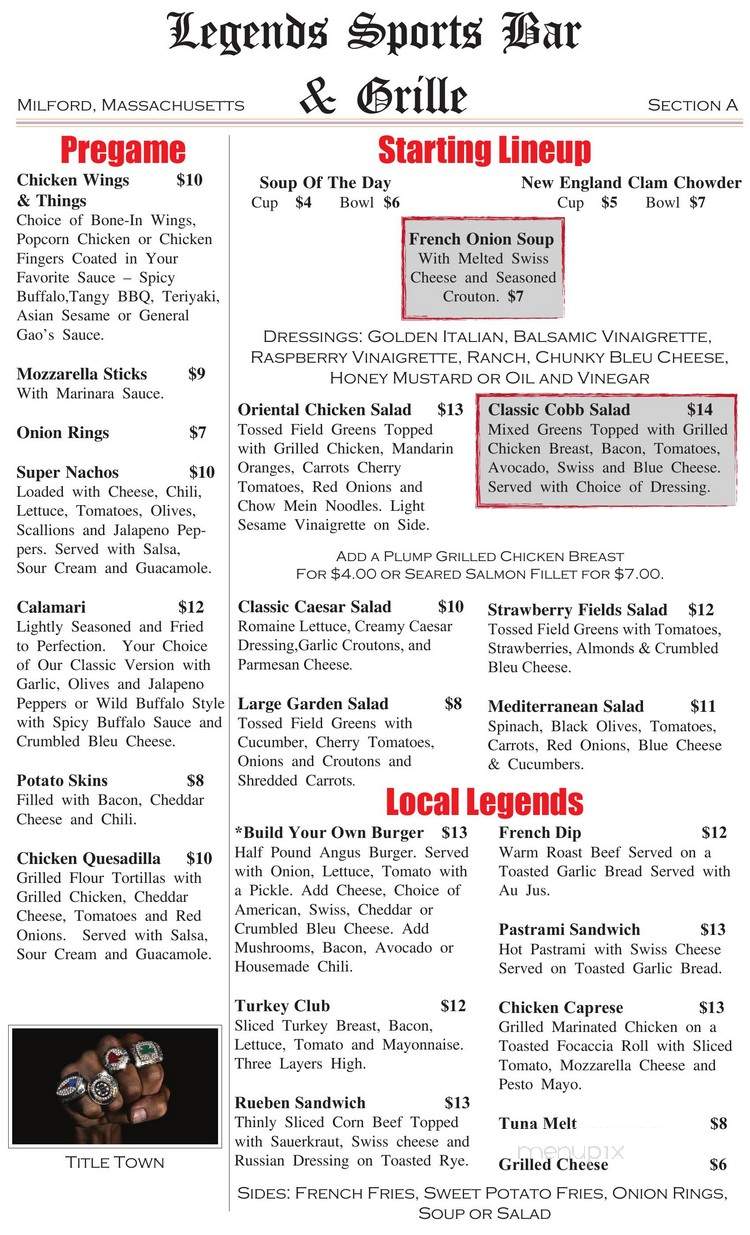 Menu of Legends Sports Bar Grille in Milford, MA 01757