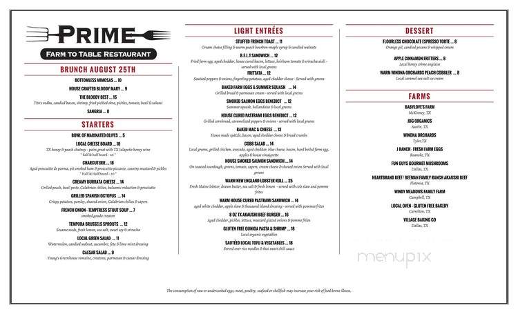Menu of Prime Farm To Table in Flower Mound, TX 75028