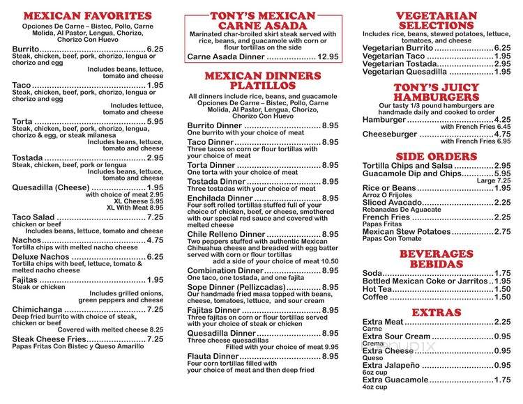 Menu of Tony's Mexican Grill in Lyons, IL 60534