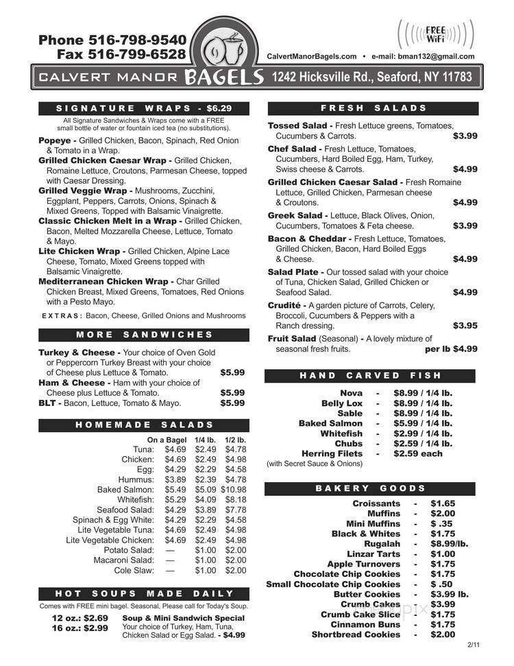 Menu of Calvert Manor Bagels Incorporated in Seaford, NY 11783