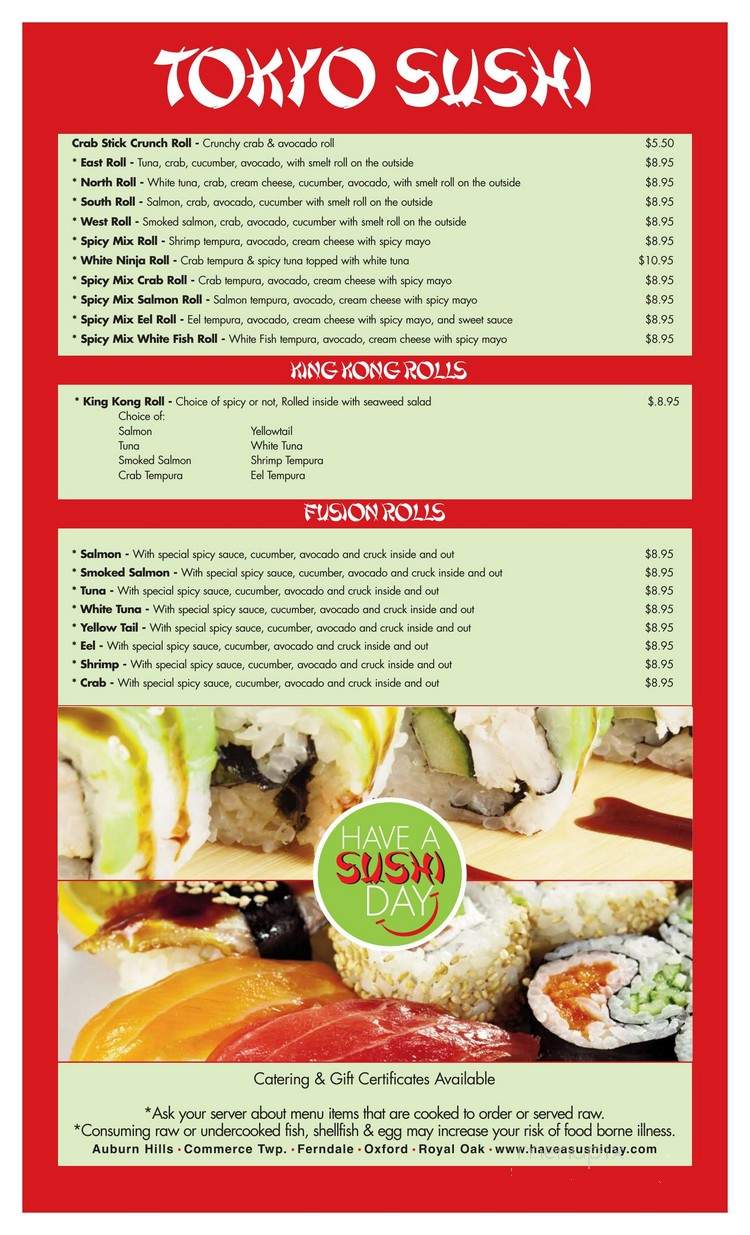 Menu of Tokyo Sushi & Grill in Royal Oak, MI 48067