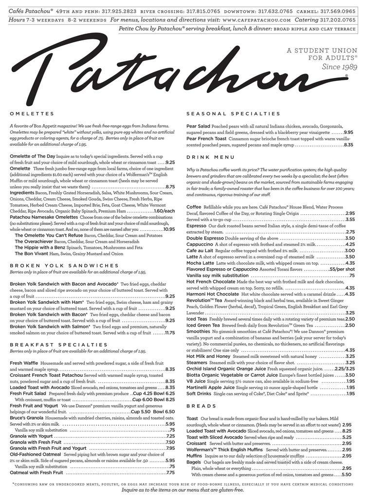 Menu of Cafe Patachou in Indianapolis, IN 46240