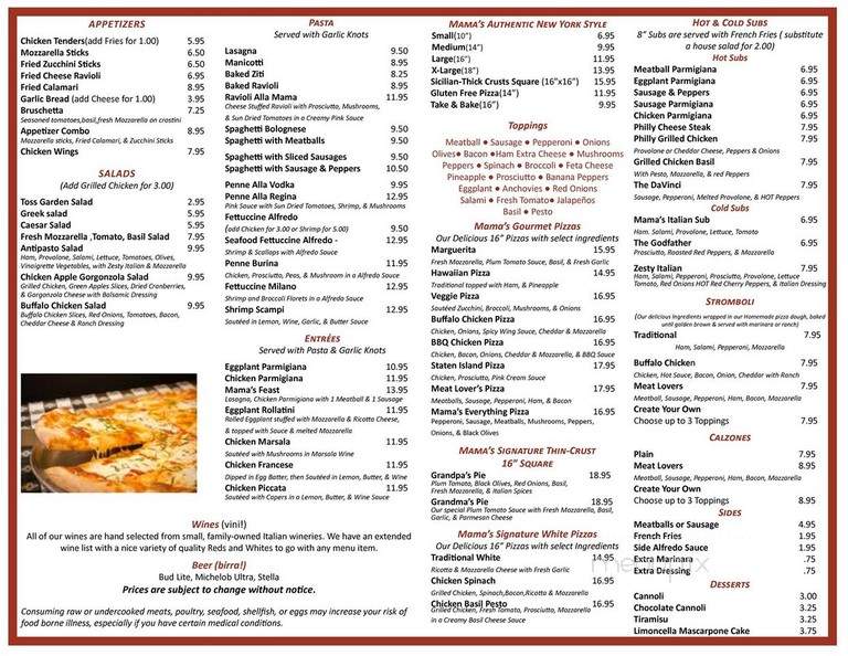 Menu of Mama's Pizza & Pasta in Matthews, NC 28104