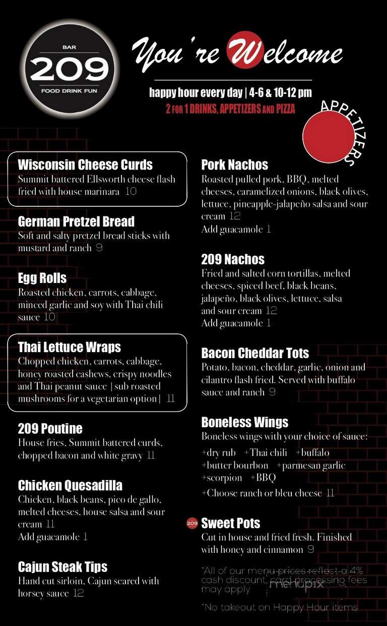 Menu of Bar 209 in Bemidji, MN 56601