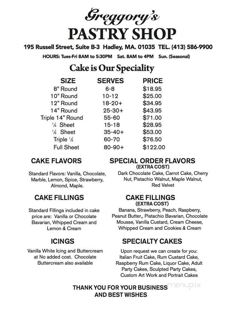 Menu of Gregory's Pastry Shop in Hadley, MA 01035