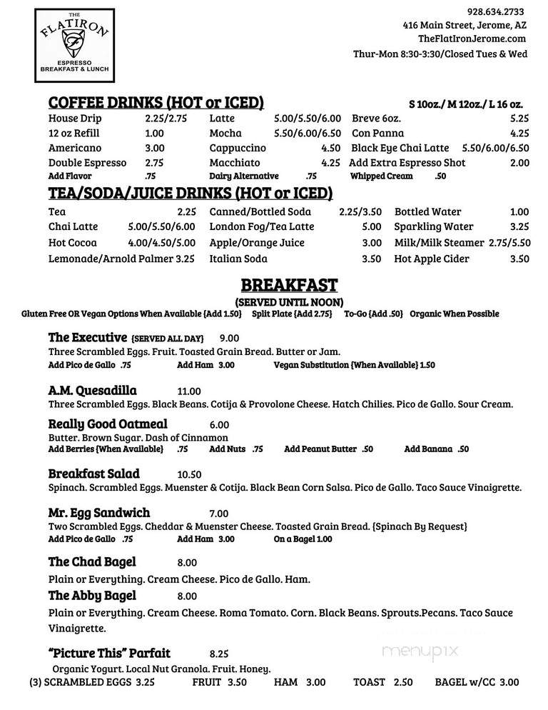 Menu Of Flatiron Cafe In Jerome, Az 86331