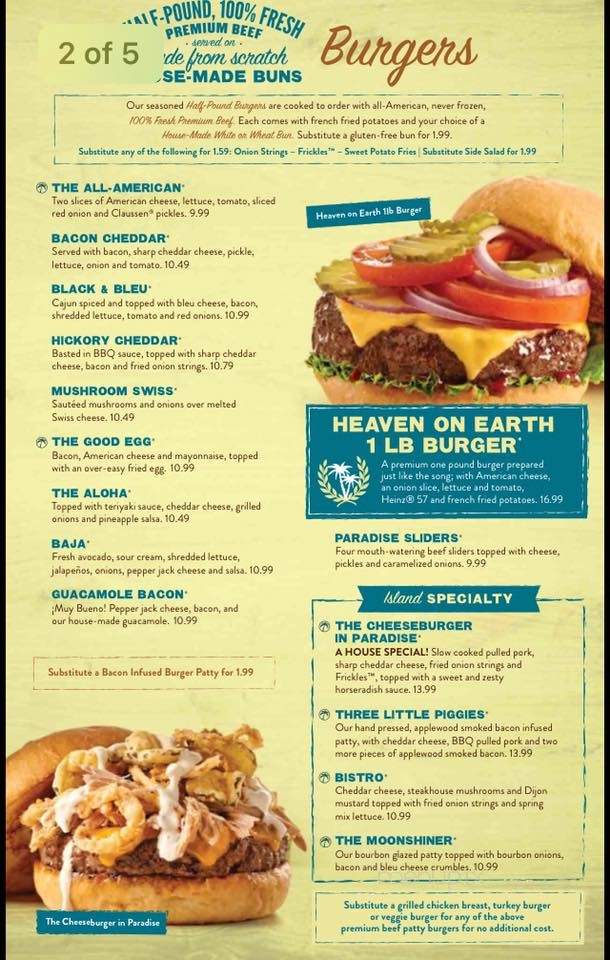 Menu of Cheeseburger In Paradise in Indianapolis, IN 46237