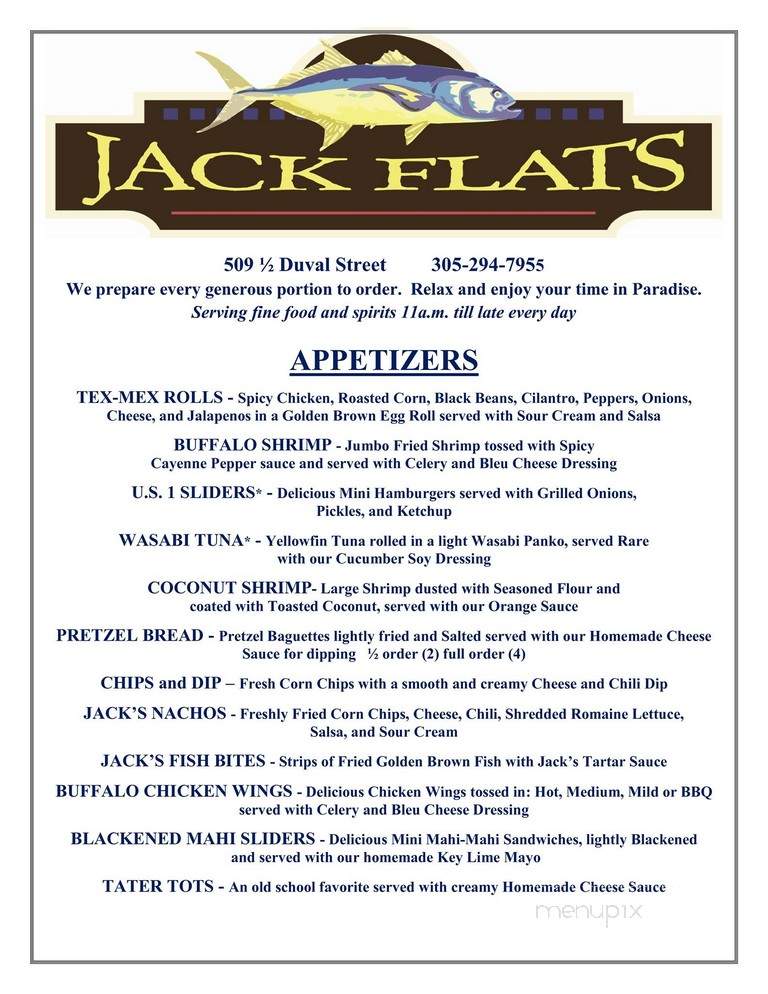 Menu of Jack Flats in Key West, FL 33040