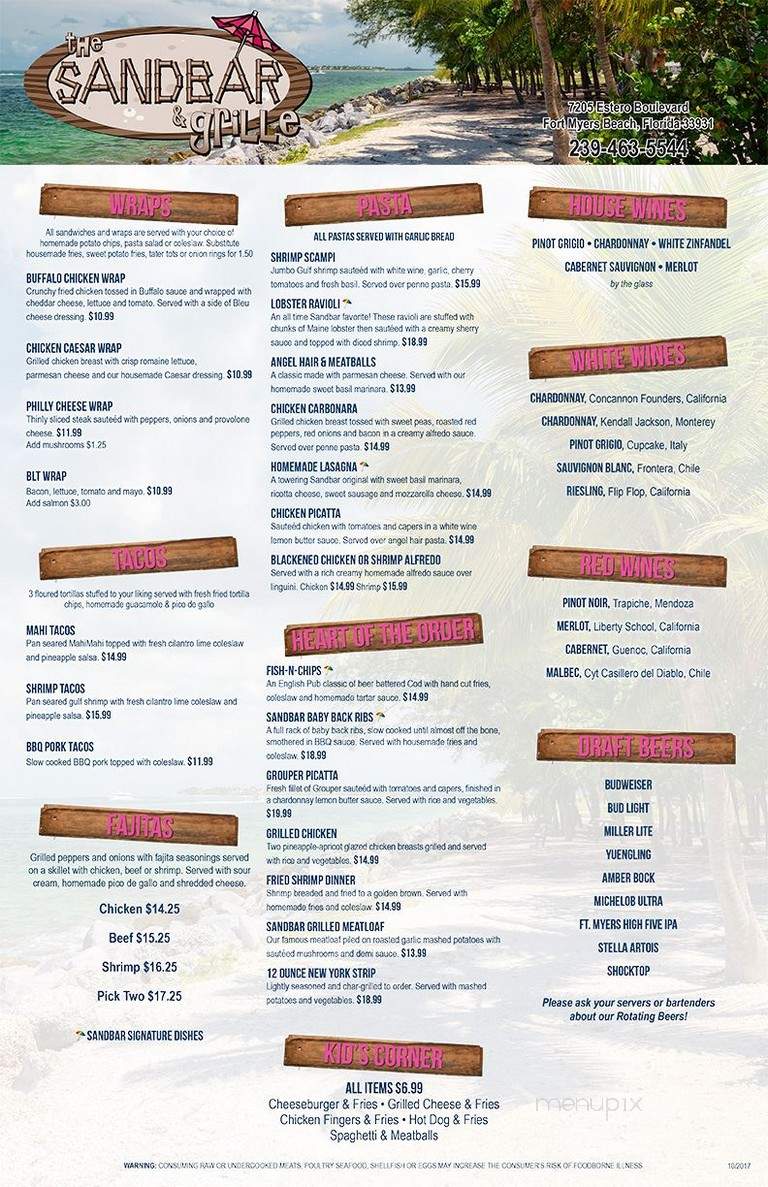 Menu Of Sand Bar & Grill In Fort Myers Beach, Fl 33931