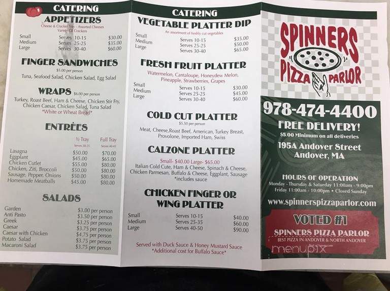 Menu of Spinners Pizza Parlor in Andover, MA 01810