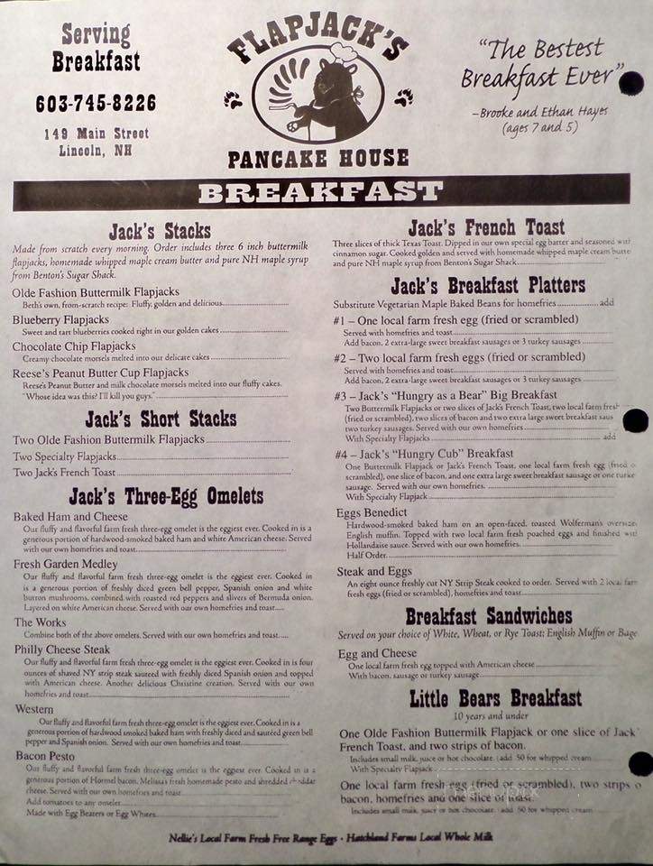 Menu Of Flapjacks In Lincoln Nh 03251