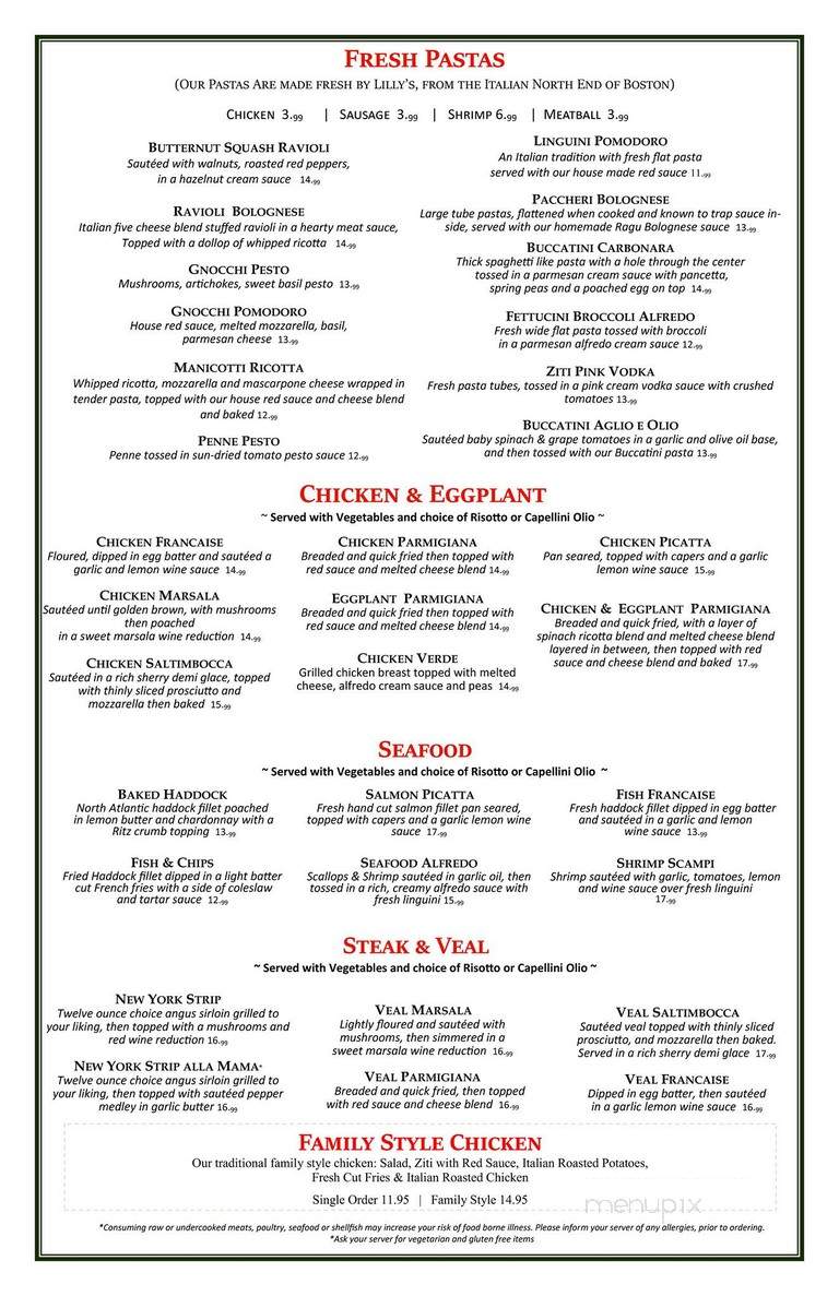 Menu of Savini's Restaurant in Woonsocket, RI 02895