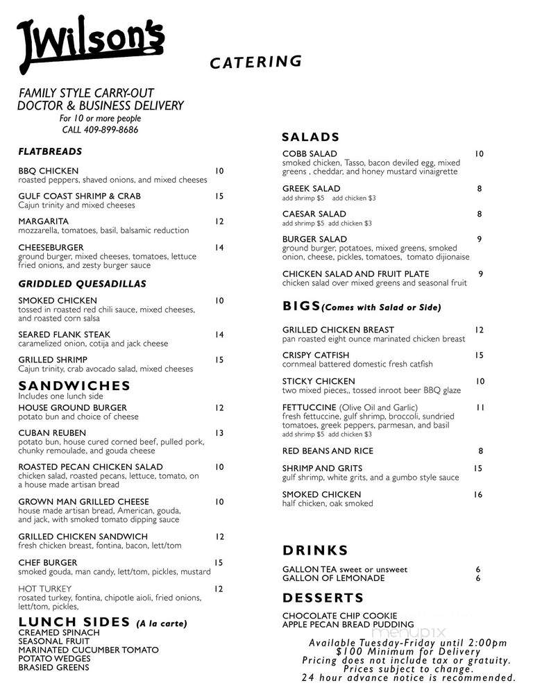 Menu Of J. Wilson's In Beaumont, Tx 77706