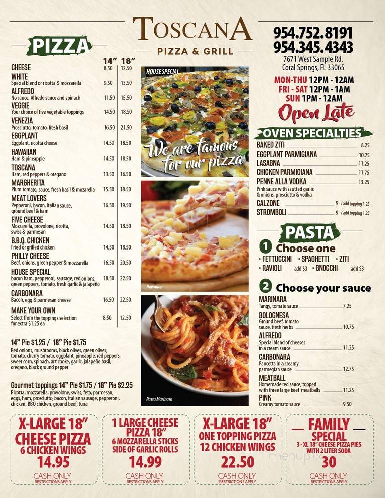 Menu of Toscana Pizza & Grill in Coral Springs, FL 33065