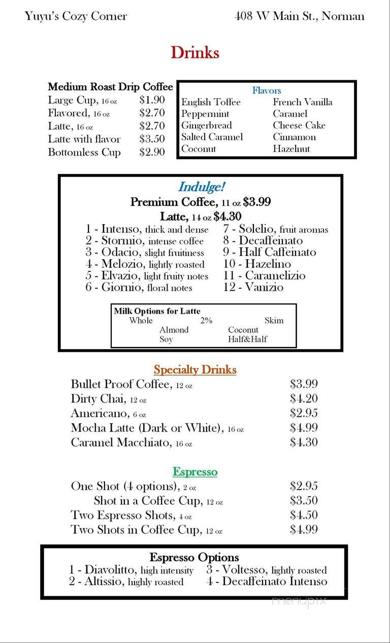 Menu Of Yuyu S Cozy Corner In Norman Ok