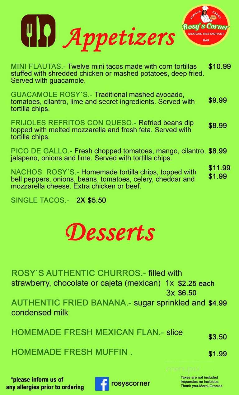 Menu Of Rosys Corner Restaurant In Sudbury On P3e 3m7 4894