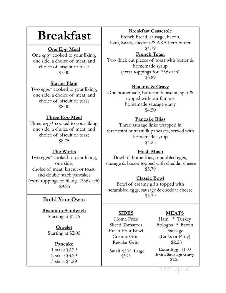 Menu of Aunt Ruth Ann's in Sumter, SC 29154