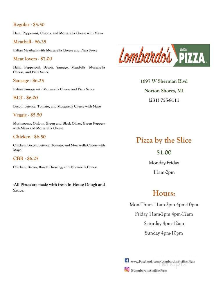 Menu of Lombardo's Sicilian Pizza in Muskegon, MI 49441