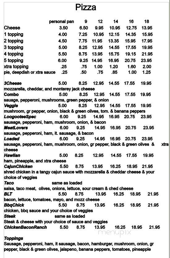 Menu of Pizza Junction in Loogootee, IN 47553