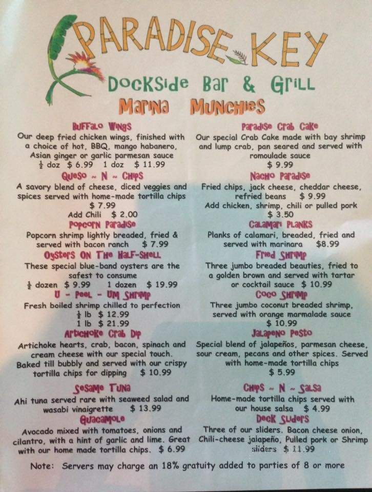 Online Menu Of Paradise Key Dockside Bar And Grill Rockport Tx