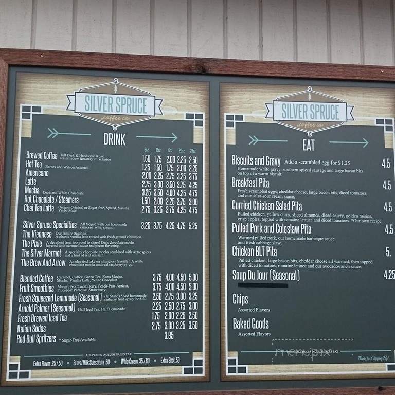 Menu of Silver Spruce Coffee Company in Port Angeles, WA 98362