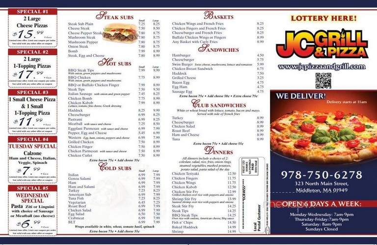 Menu of JC Grill and Pizza in Middleton, MA 01949