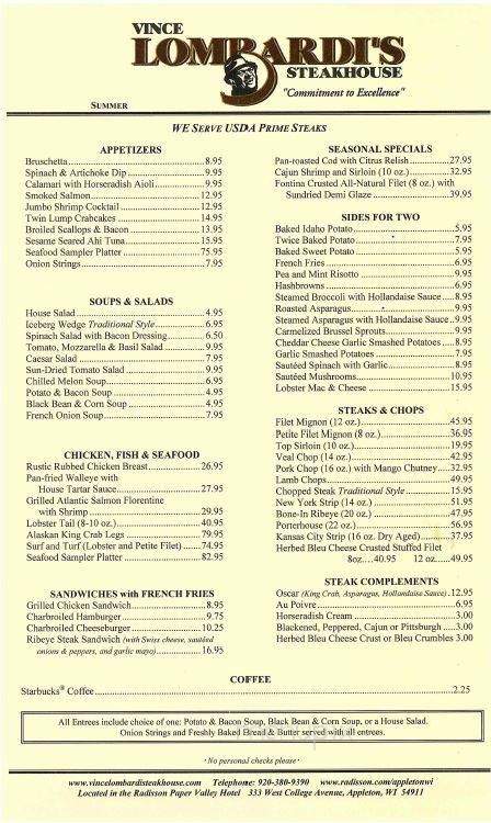 Menu Of Vince Lombardi's Steakhouse In Appleton, WI 54911