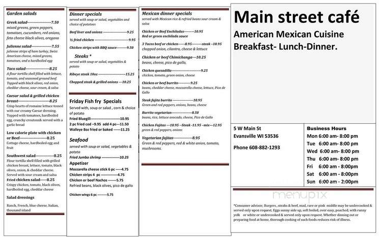 Menu of Main Street Cafe in Evansville, IN 47711