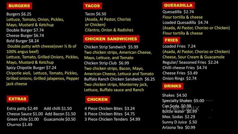 Menu of Bold Burgers & Tacos in El Paso, TX 79936