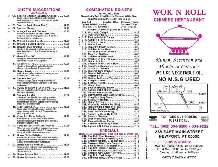 Menu of Wok & Roll Chinese Restaurant in Newport, VT 05855