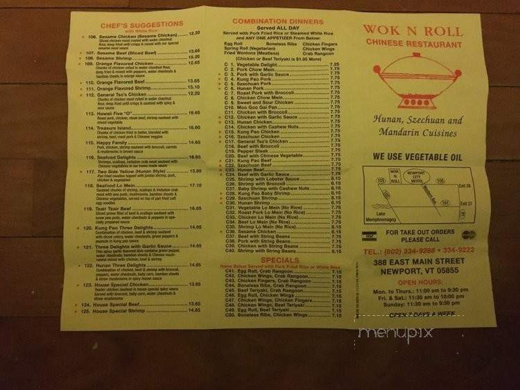 Menu of Wok & Roll Chinese Restaurant in Newport, VT 05855