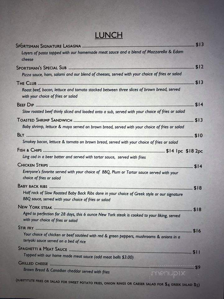Menu of The Sportsman's Steak & Pizza House in Port McNeill, BC V0N 2R0