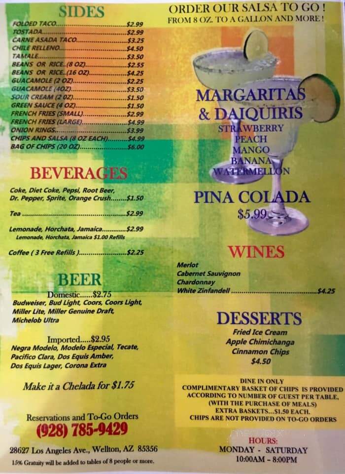 Menu of Geronimo's Restaurant in Wellton, AZ 85356