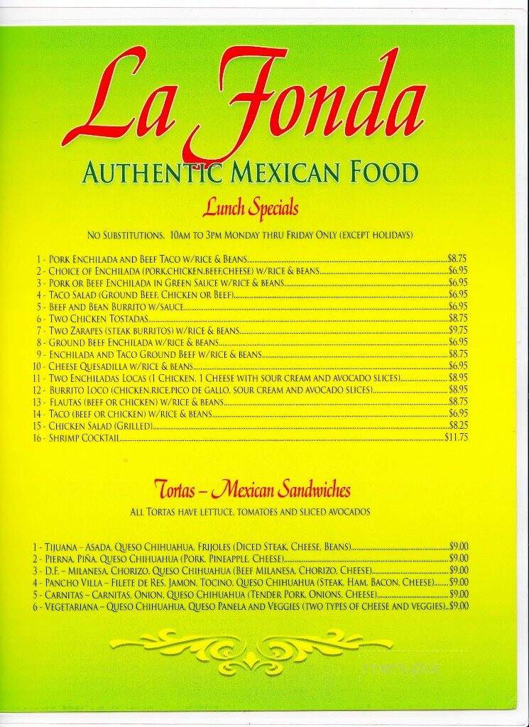 Menu of La Fonda Mexican Restaurant in Mesquite, NV 89027