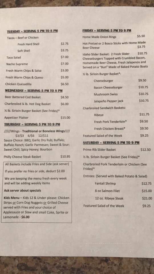 Menu of Garfield's Bar & Grill in Cissna Park, IL 60924