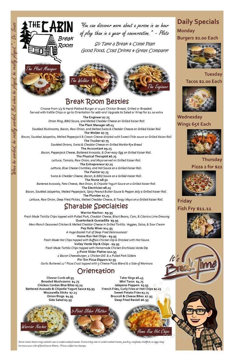 Menu of Cabin Bar & Grill in Clear Lake, WI 54005