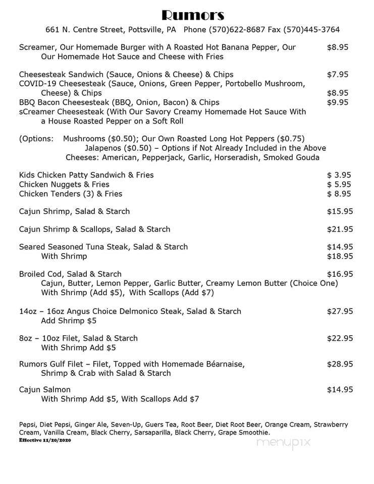 Menu of Rumors in Pottsville, PA 17901