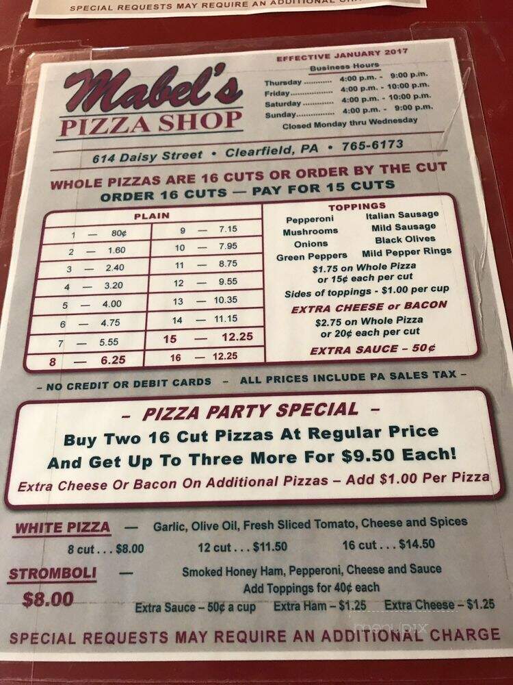 Menu of Mabel's Pizza Shop in Clearfield, PA 16830