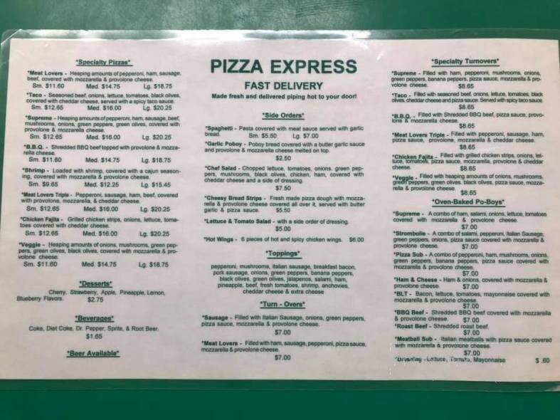 Menu of Pizza Express in Chauvin, LA 70344