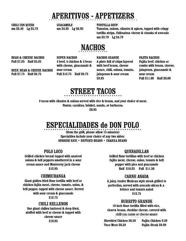 Online Menu of Polo's Mexican Cafe, Weatherford, TX
