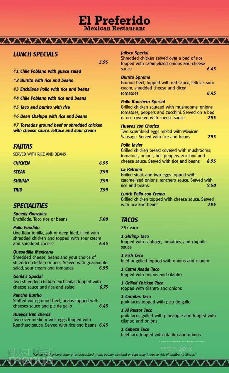 Menu of El Preferido Mexican Restaurant in Clover, SC 29710