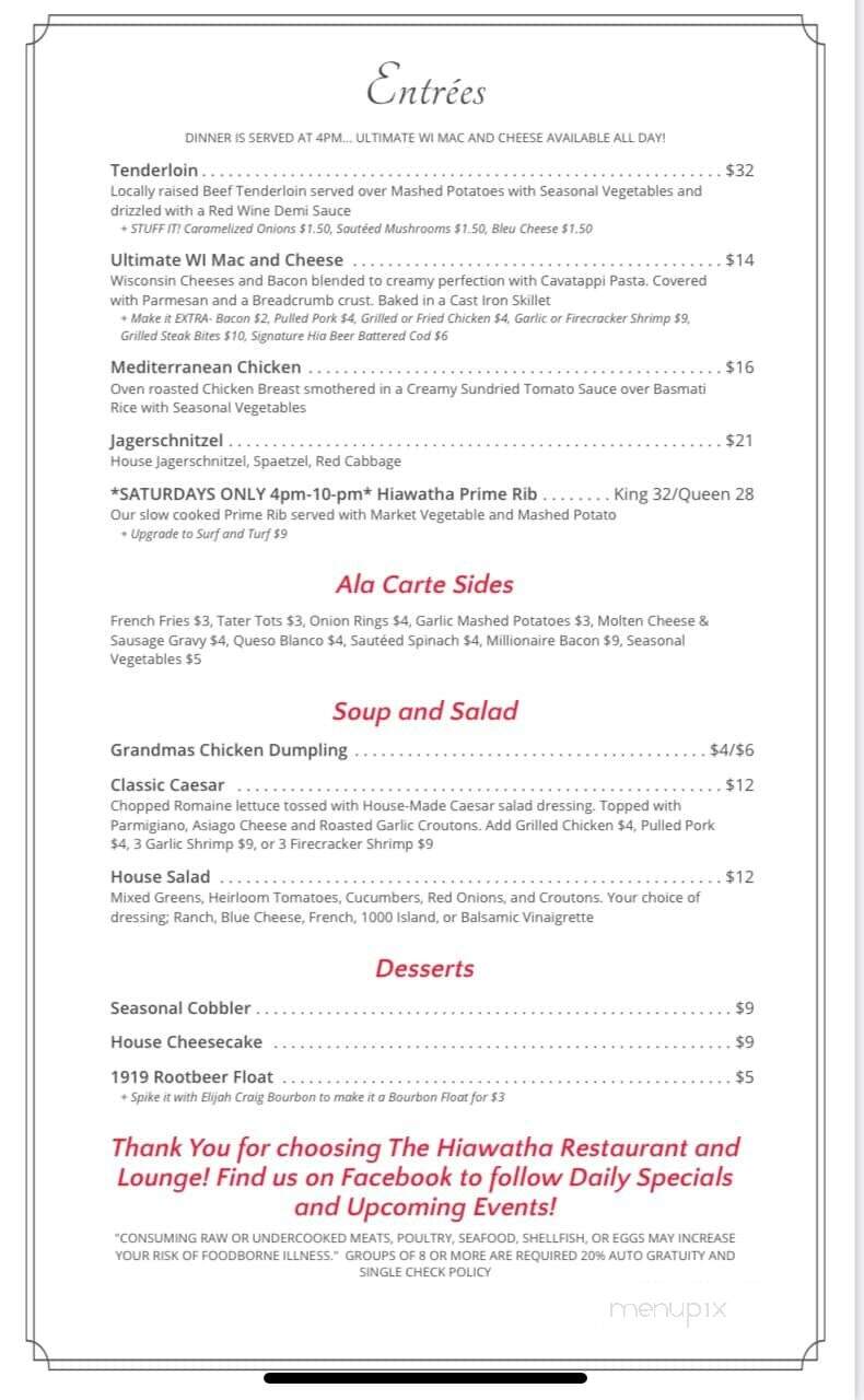 Menu of Hiawatha Restaurant & Lounge in Wausau, WI 54403