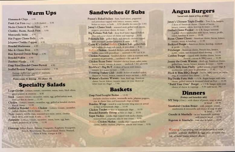 Menu of Jerseys Sports Bar And Grill in Uniontown, PA 15401