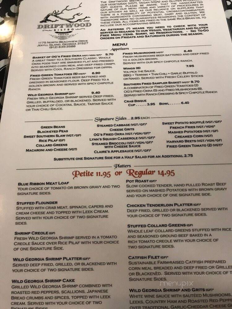 Menu of Driftwood Bistro in Jekyll Island, GA 31527