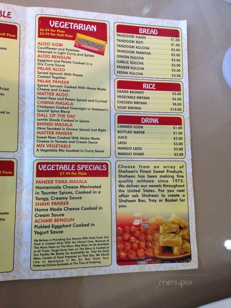 Menu of Shaheen Sweets USA in Hicksville, NY 11801